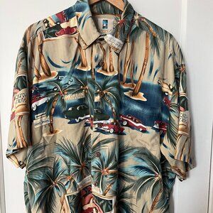 Kahala Silk Hawaiian Button Up Shirt Size XL Vintage Cars, Drive In Theater Moti